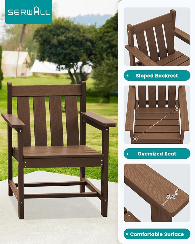 SEWRWALL Patio Furniture Set, HDPE Material All Weather Use Adirondack Chair Set with Side Table for Balcony, Porch, Garden, Backyard- Brown