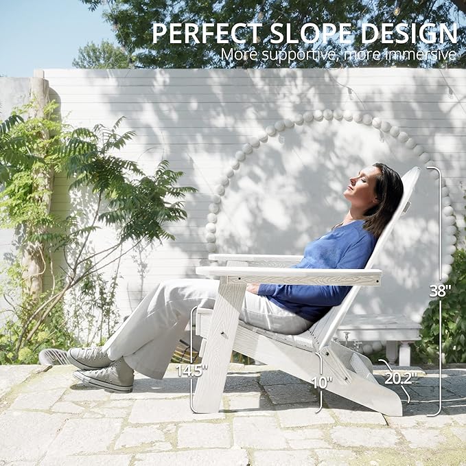 LUE BONA Folding Adirondack Chair 3 Piece Set, White HDPS Outdoor Chair with Side Table & Cup Holder for Poolside Balcony Seating
