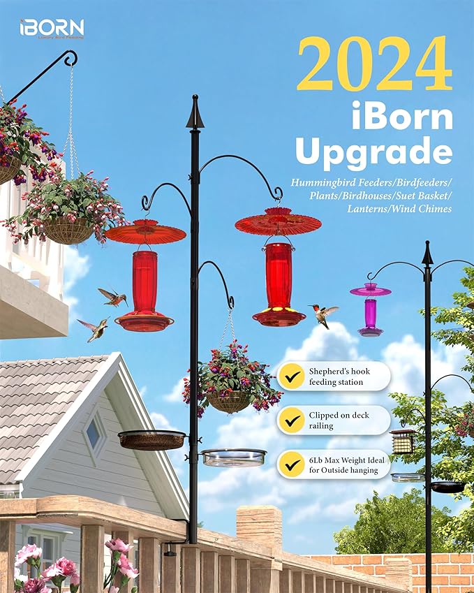 iBorn Shepherds Hooks for Outdoor Clamp On Deck Hook for 45“ Bird Feeder Hangers for Deck Railing Humming Bird Feeders Hanging Tri-Hooks+Feeder Trays 2024 Upgraded (Feeders are Not Included)