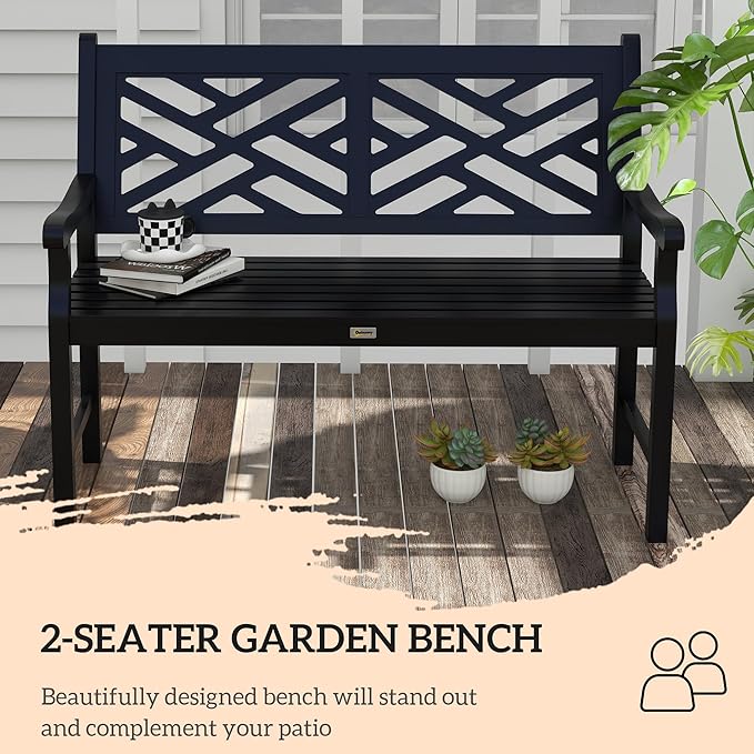 Outsunny Outdoor Garden Bench, Wooden Frame Patio Bench with Geometric Pattern, 43.25 Inch Weatherproof 2-Person Love Seat for Garden, Lawn, Porch, Yard, Work Entryway, Black