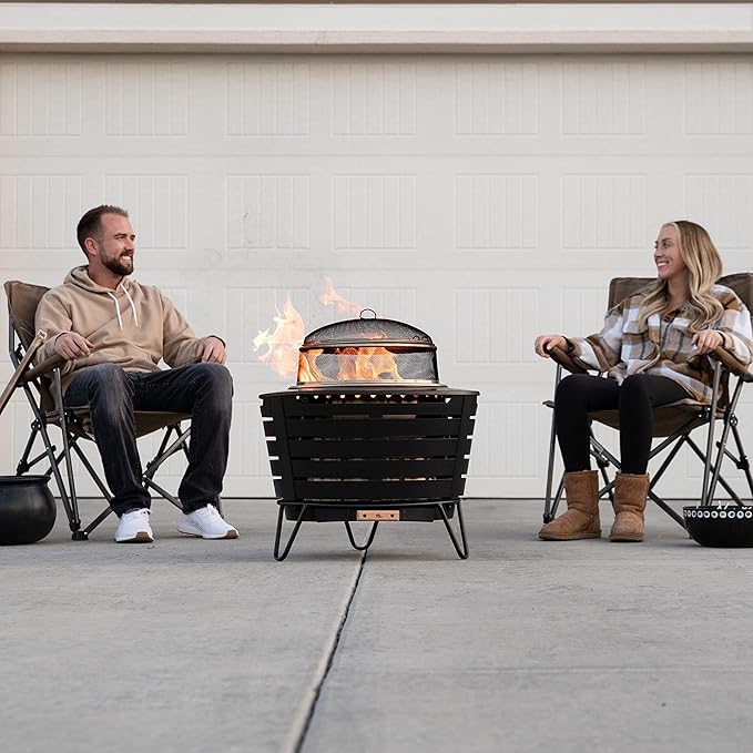 TIKI Patio & Celebration Fire Pit Screen & Poker Set – Outdoor Fire Pit Spark Protector & Ember Guard – Fire Poker Tool for Safe & Controlled Fires – Durable Metal Fire Pit Accessories in Gold & Black