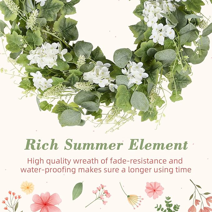 YNYLCHMX 18" Spring Summer Wreaths for Front Door, Artificial Wreath with White Flowers Grapevines Green Eucalyptus Leaves, Green Foliage Wreath for Wall Window Farmhouse Party Holiday Home Decor