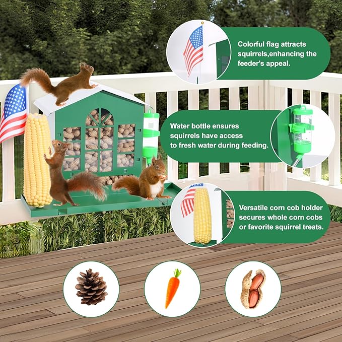 Squirrel Feeder,Metal Squirrel Feeder for Outside,with Water Bottle, Flag and Corn Cobs Holder,Outdoors Chipmunk &Squirrel Picnic Bench Feeders Table,Easy to Install & Refill