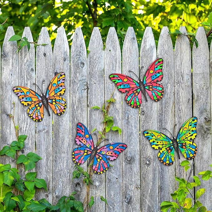 4 Pack Outdoor Butterfly Wall Decor - 9.6 inches Metal Butterfly Wall Art Decorartion for Yard Fence Garden Patio Balcony,Gift Idea for Family Friends(4 Pack)