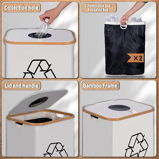 efluky Recycling Bin 100L, 26 Gallon Recycle Bins for Kitchen Indoor Outdoor Home with 2 Removeable and Reusable Inner Bag, Tall Recycle bin for Bottle Can Plastice Stickers (Beige)