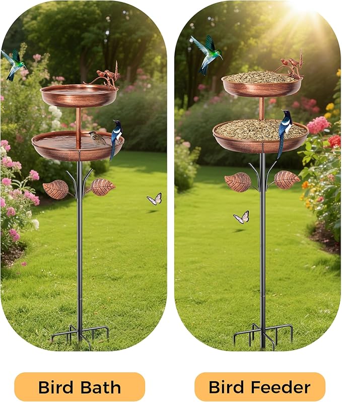Bird Bath for Outside, Double 46In Metal Birdbaths for Outdoors,Bird Bath Feeder Bowls for Garden Patio Yard Decor, Upgraded 5-Pronged Metal Stake