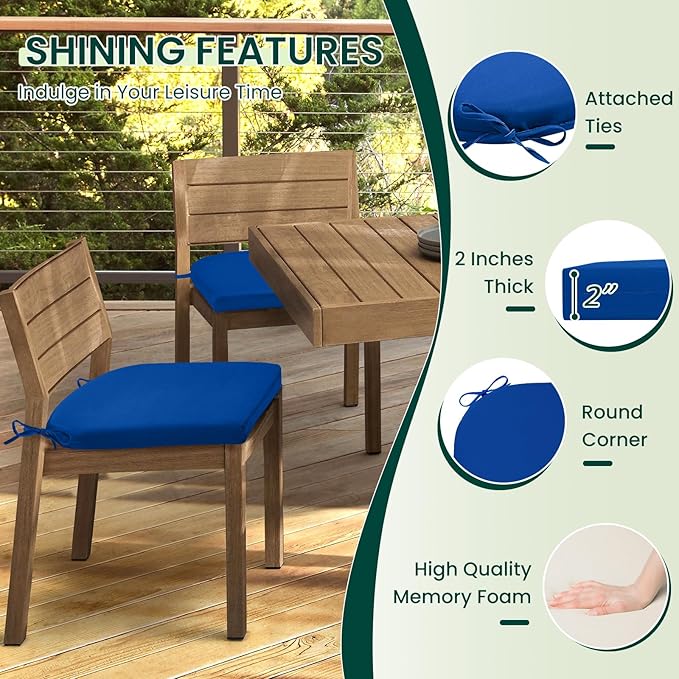 HARBOREST Outdoor Chair Cushions Set of 6, Water Resistant Patio Chair Cushions with Ties, Outdoor Seat Cushions for Patio Furniture, 17"x16"x2", Royal Blue