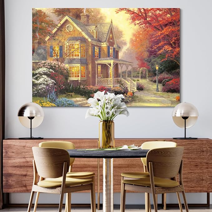 STUDIO HAVEN Thomas Kinkade Canvas Wall Art, Autumn Cottage with Glowing Windows Flower Garden Pumpkins and Cat Oil Painting Poster Cozy Fall Wall Decor, Framed Prints for Home Decor, 24x16Inch
