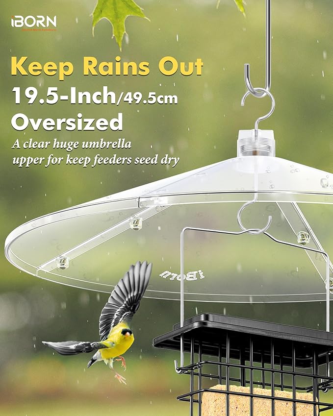 iBorn Baffles for Bird Feeders, 19.5” Oversized Bird Feeder Cover for Rain Guard, Birds Feeders Squirrel Guard, Full Protection for Outdoors, Polycarbonate(PC), Pack of 1, Transparent