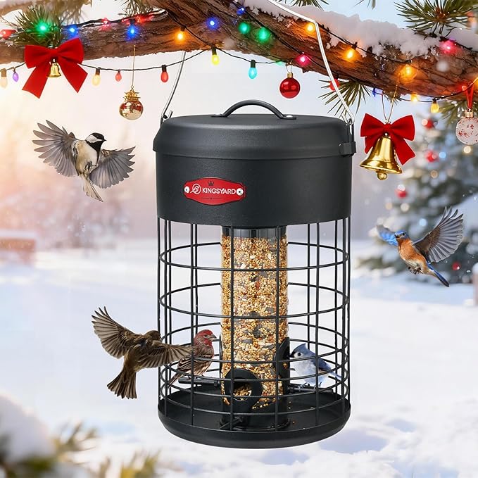 Kingsyard Upgraded Squirrel Proof Caged Bird Feeder for Outdoor Hanging - Additional Storage Tube Bird Feeder with 4 Feeding Ports & Perches, Easy to Clean & Refill. Black