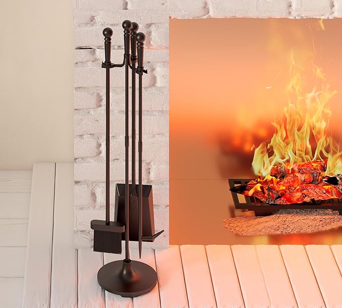 Fire Beauty Fireplace Tools Set 4 Pieces Black Wrought Iron Fire Tool Set for Outdoor/Indoor Include Poker, Shovel, Brush and Stand Accessories Set