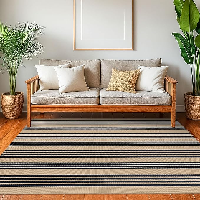 KOZYFLY Striped Front Door Mat 4x6 Ft Brown and Black Front Door Rug Cotton Washable Indoor Outdoor Rug Large Doormats Outdoor Striped Area Rugs for Kitchen Entryway Front Porch