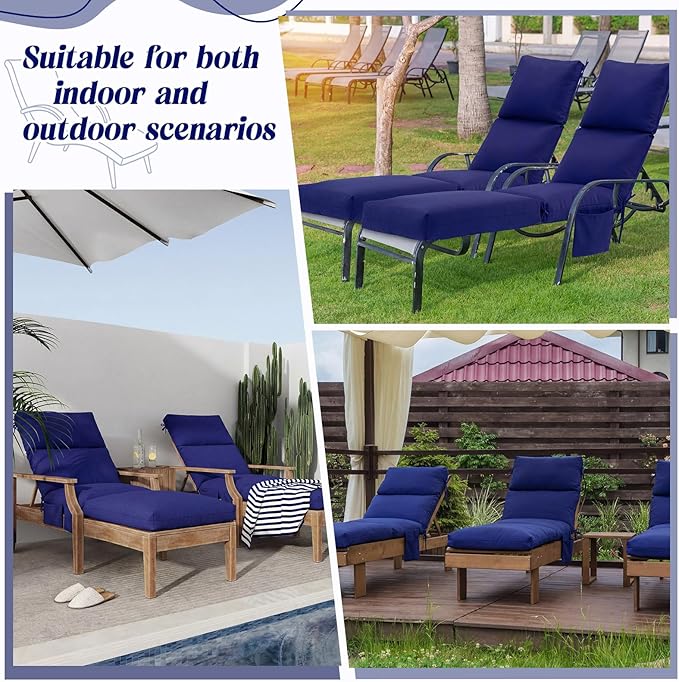 Kigley 2 Pcs Chaise Lounge Cushions, 77.9 x 20.5 x 4.7 Inch Outdoor Lounge Chair Cushions with Pocket, Thick Tufted Patio Recliner Replacement with Ties, Fade Resistant for Pool Furniture (Navy Blue)