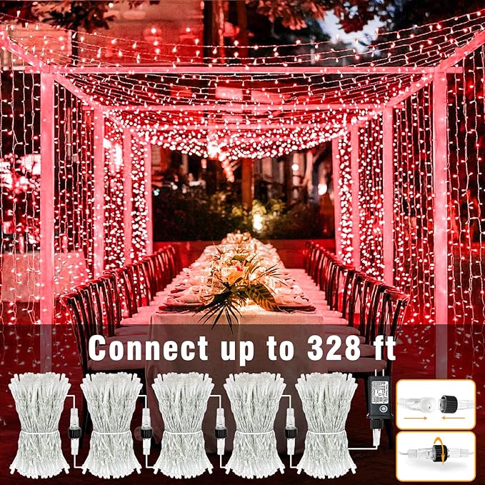 66FT 200 LED Outdoor String Lights, Connectable Valentines String Lights Waterproof with 8 Modes, Plug in Twinkle Fairy Lights Clear Wire for Indoor Bedroom Home Wedding Patio Decorations, Red
