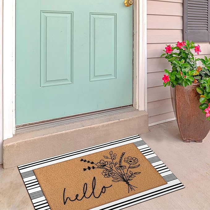Tinideya 2 Pcs Summer Door Mat Non Slip Wildflower Coastal Hello Sunshine Sweet Home Ocean Pet Welcome Floor Doormat Buffalo Plaid Checked Stripe Mat Seasonal for Front Porch Entryway(Wildflower)