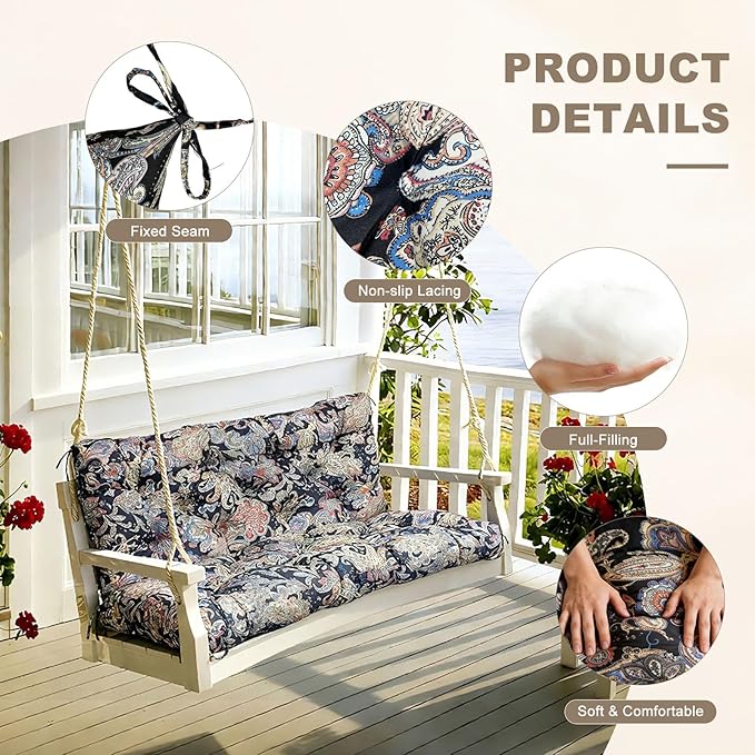 Porch Swing Cushion with Backrest,Waterproof Bench Cushion for Outdoor Furniture,2-3 Seater Replacement Thickened Swing Cushion with Ties,Patio,Outdoor,Backyard and Garden (Vintage Paisley,40x40")