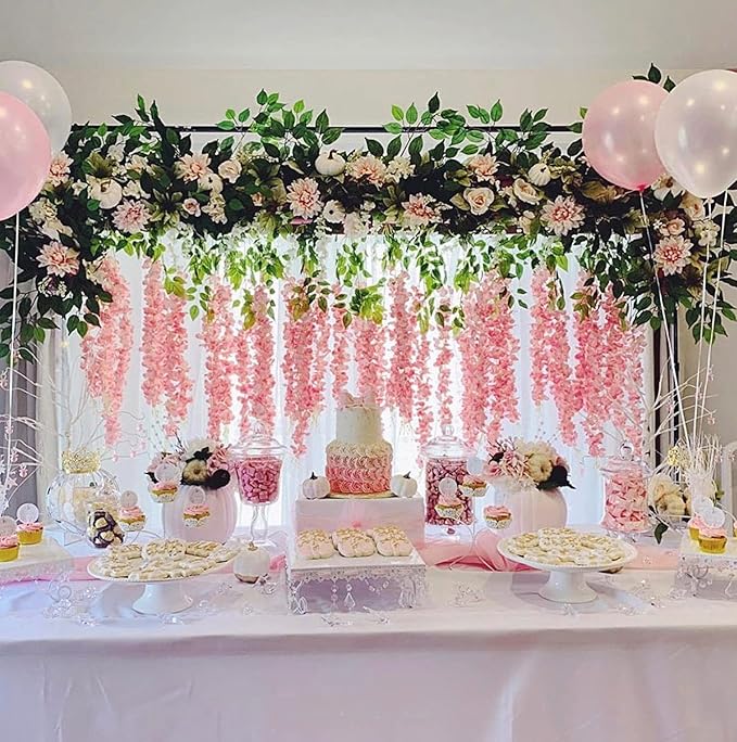 Artificial Wisteria Hanging Flowers Fake Wisteria Flower Garland Silk Vines Rattan Decor for Home Wedding Arch Wall Garden Greenery Bedroom Outdoor Office Party Decoration (36, Light Pink)