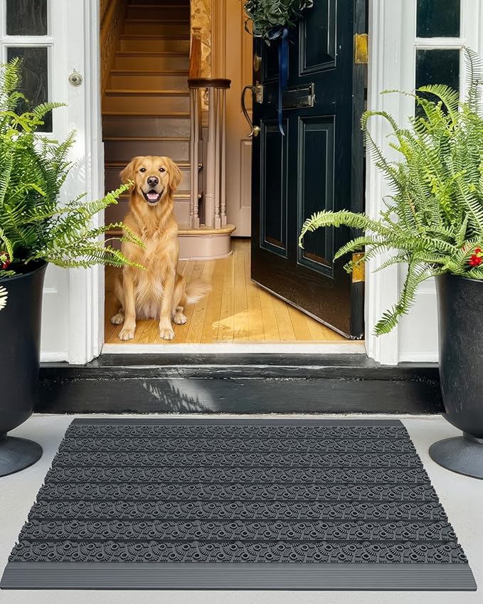 Color&Geometry Outdoor Mats for Front Door All Weather, 19"x30" Non Slip Low Pile Outside Door Mats, Dirt Trapping Waterproof Doormat Entrance, Grey Welcome Matt