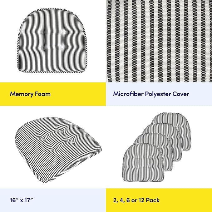 Sweet Home Collection Chair Cushion Memory Foam Pads Tufted Slip Non Skid Rubber Back U-Shaped 17" x 16" Seat Cover, 12 Count (Pack of 1), Pinstripe Charcoal