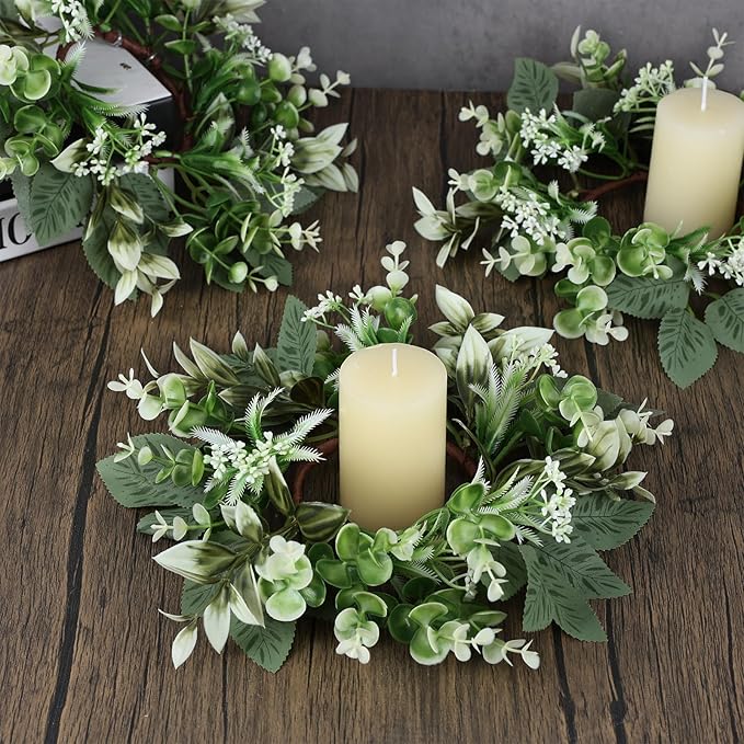6 PCS Small Eucalyptus Leaves Cabinet Wreath Artificial Mini Spring Summer Greenery Kitchen Wreaths Vintage Swags Wreath with Retro Burlap Ribbon for Farmhouse Rustic Home Door Wedding Wall Decor