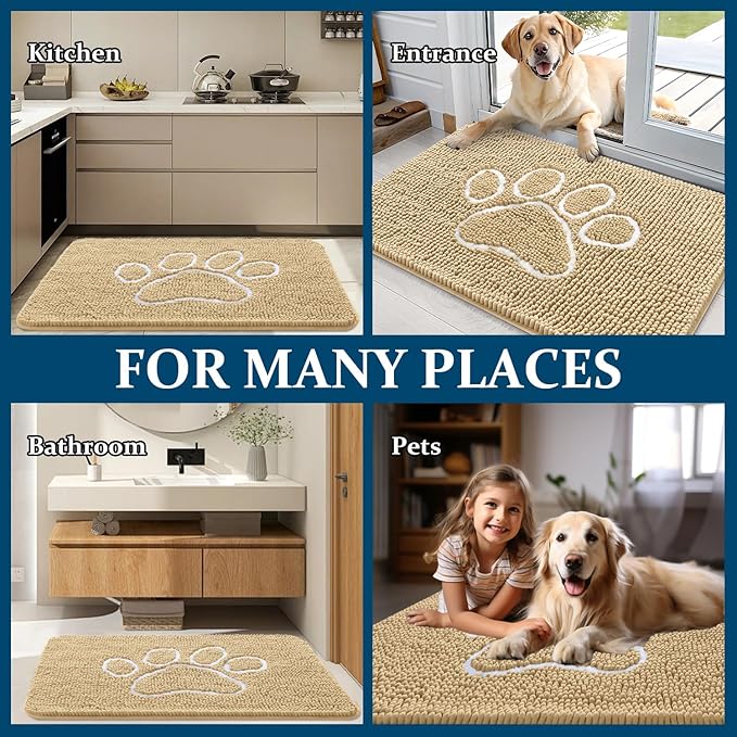 OLANLY Dog Door Mat for Muddy Paws 47x24, Paw Print Design, Absorbs Moisture and Dirt, Absorbent Non-Slip Washable Doormat, Quick Dry Chenille Mud Mat for Dogs, Entry Indoor Entryway Carpet, Beige