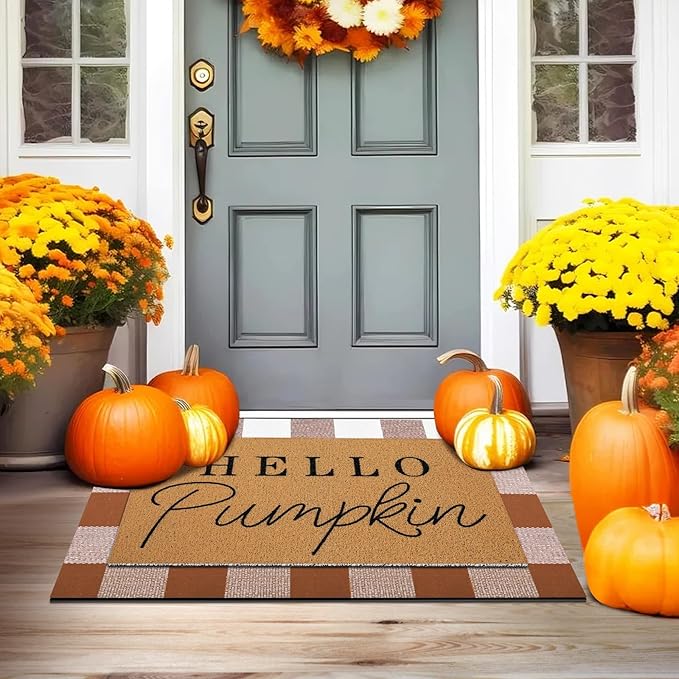 Tinideya 2 Pcs Fall Door Mat Hello Pumpkin Welcome Non Slip Coir Mats Thanksgiving Black White Plaid Harvest Floor Layering Doormats Seasonal for Front Porch Entryway Decor(Brown White Plaid)