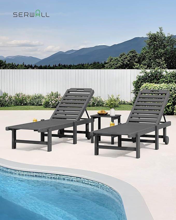 SERWALL Outdoor Chaise Lounge Set of 4, 78" Patio Lounge Chair with 5 Positions Adjustable Backrest, HDPE Lounger with Rolling Wheels & Cup Holder for Poolside, Beach, Garden, Grey