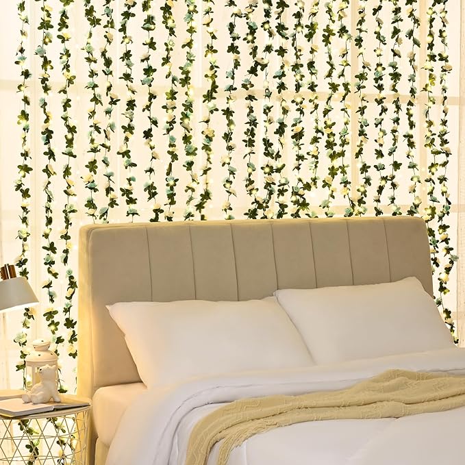 BLEUM CADE 12Pcs 98.4Ft Flower Garland Artificial Rose Vines with 98.4Ft String Lights, Cute Fake Hanging Flower Vines Floral Garland Decorations for Wedding Party Wall Room Decor Aesthetic