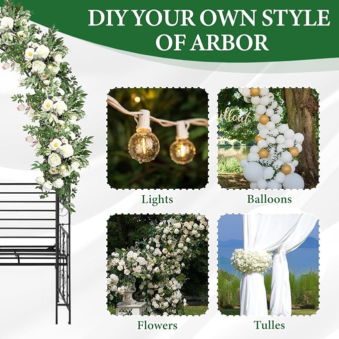 VINGLI Garden Arbor Arch, Wedding Arch Archway for Ceremony Party, Durable Steel Trellis for Plant Climbing, Christmas Decorations Pergola for Backyard, Lawn, Patio, Yard (with Bench)