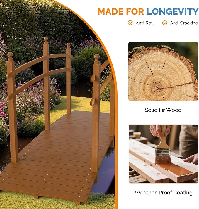 VINGLI Garden Bridge, Classic Wooden Bridge with Safety Rails, Decorative Arhced Footbridge for Patio Pond, Creek, Pathway (Brown, 7.5 ft)
