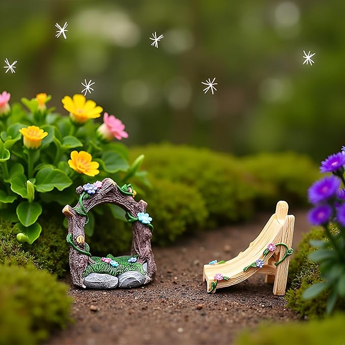 Kai Dream Miniature Fairy Garden Accessories Set, 3 Piece Resin Decorative Landscape Kit with Arch, Bridge and Slide, Floral Garden Ornaments