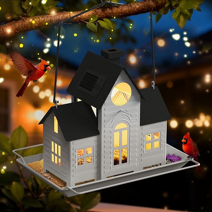 Solar Bird Feeders for Outdoors Hanging,Metal Cardinal Bird House Feeder with Solar Powered Lantern Light,Wild Cardinal Birdfeeder Waterproof Decor for Garden Yard Outside,Gift for Grandma Mom