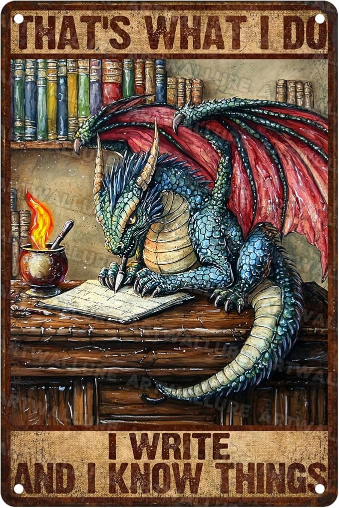Vintage Dragon Sign That's What I Do I Write And I Know Things Metal Poster Sign for Home Bar Pub Kitchen Garage Restaurant Wall Deocr 8x12inch