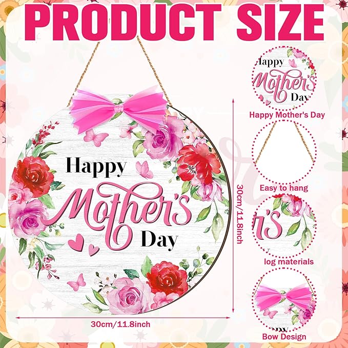 Boao Happy Mother's Day Wooden Door Hanging Sign Pink Welcome Farmhouse Door Decor Vintage Mother's Day Wood Rose Bow Gift Sign Rustic Wall Plaque Ornaments for Window Wall Porch