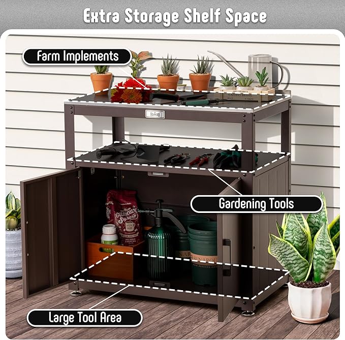 Garden Potting Bench with Storage, Outdoor Potting Table & Garden Work Bench for Plants, Horticulture, Outdoor Potting Station with Stainless Steel Tabletop, Outdoor Work Table