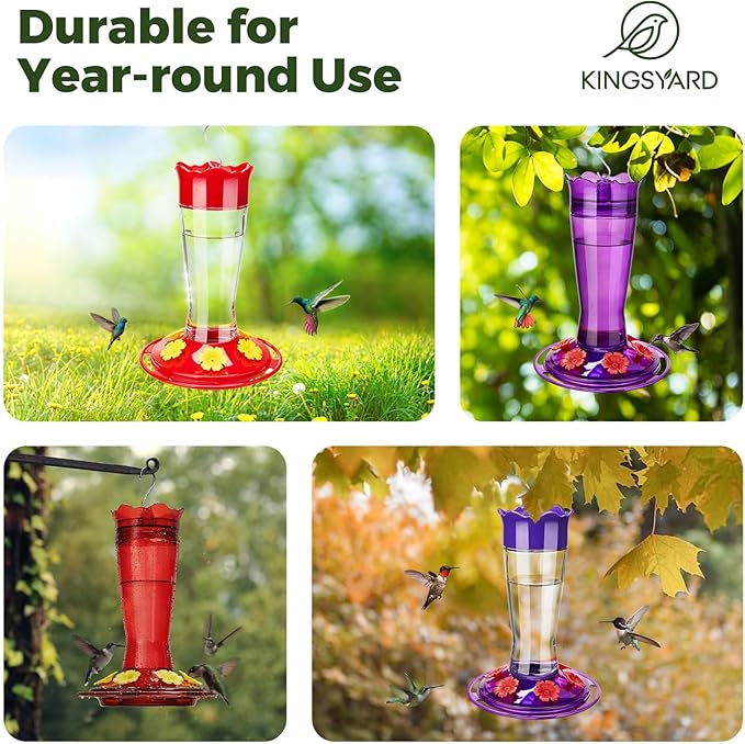Kingsyard 2 Pack Glass Hummingbird Feeder for Outdoors Hanging - 6 Bee Guard Feeding Ports & Built-in Ant Moat, Wild Bird Feeder for Outside Garden Yard Patio 14 Oz, Red