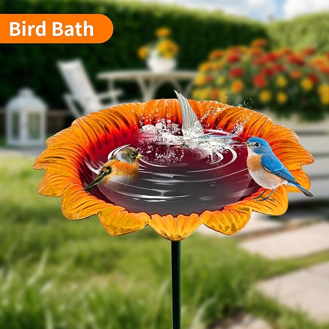BETTY&SARAH 25 Inch Metal Sunflower Bird Bath for Outside, Small Birdbath Feeder for Outdoor Garden Patio Yard Lawn Decor