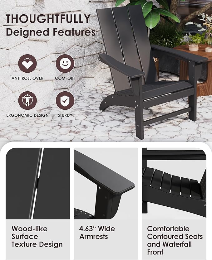 Poly Lumber Adirondack Chairs Set of 4, All-Weather Resistant Outdoor Patio Chairs, Look Like Wood, Pre-Assembled Outdoor Fire Pit Chair for Pool, Deck, Backyard, Garden, Black