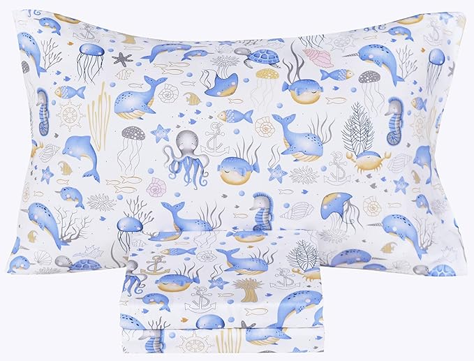 Scientific Sleep Sea Animals Dolphin Whale Octopus Jellyfish Cute Fun 100% Cotton Cozy Twin Bed Sheet Set, Flat Sheet & Fitted Sheet & Pillowcase Natural Bedding Set (Blue Whale, Twin)