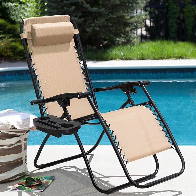 Flamaker Patio Zero Gravity Chair Outdoor Recliners Folding Lounge Chair Adjustable Lawn Lounge Chair with Pillow for Poolside, Yard and Camping (Beige)