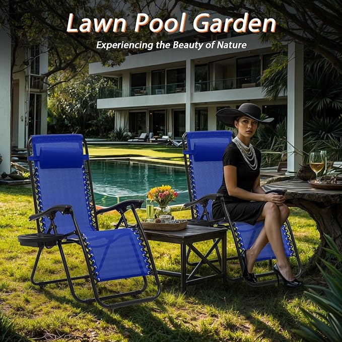 Zero Gravity Chairs, Portable Folding Reclining Lounge Chairs with Adjustable Pillow and Cup Holder Trays for Outdoor, Patio, Beach, Camping, Garden, Poolside, Royal Blue