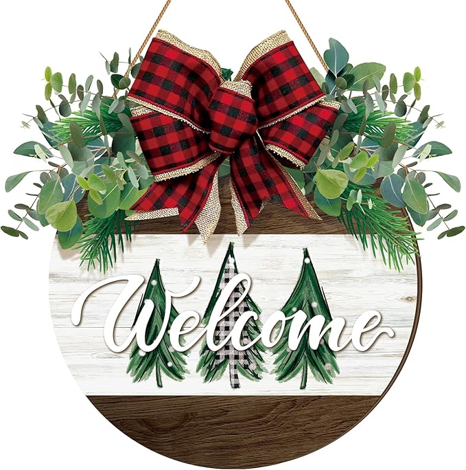 Boao Christmas Door Decorations Wooden Merry Christmas Welcome Front Door Sign Hanger with Red Buffalo Plaid Bow Xmas Wreaths for Outdoor Porch Farmhouse Decor