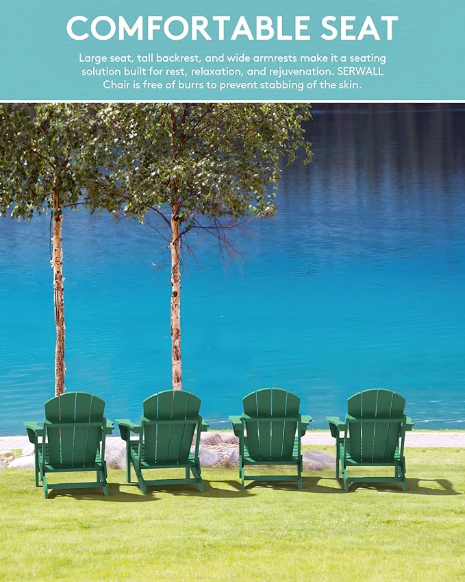 SERWALL Foldable Adirondack Chair Set of 4 for Patio Garden Outdoors Fire Pit Chairs-Green