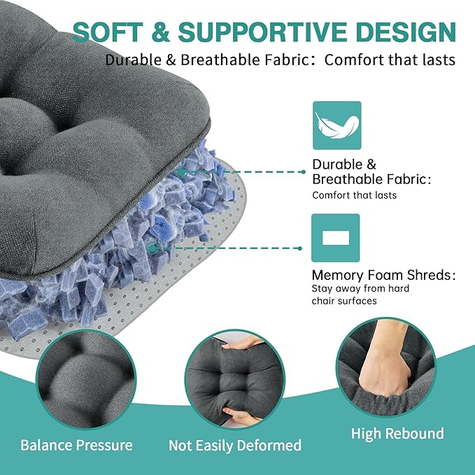 BETU Chair Cushions for Dining Chairs Set of 4,3.5" Thick Kitchen Table Chair Pads with Ties,Non Slip Backing and Covers, Seat Cushion for Dining Room,Bar,Patio Chairs,16"X16"X3.5",Dark Grey