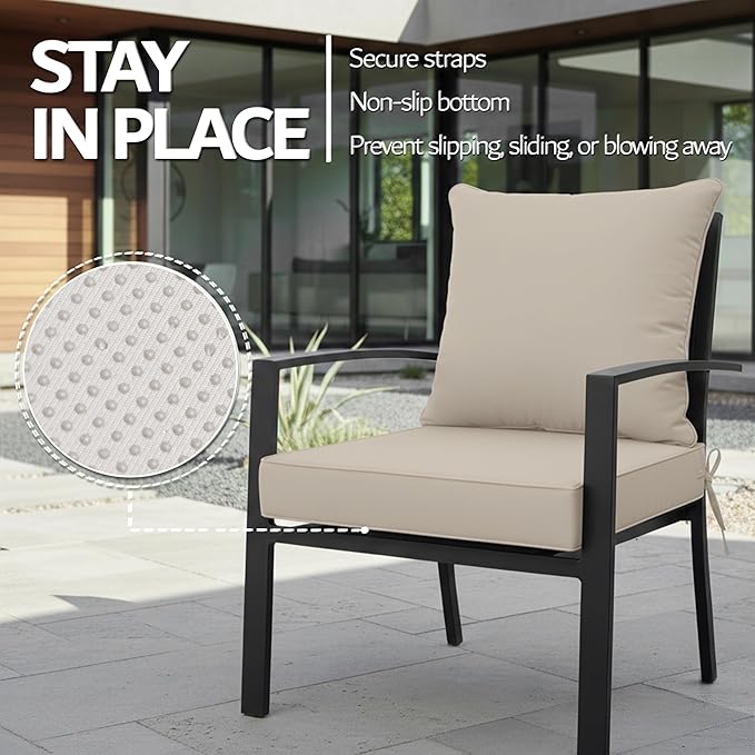 19x19 Inch Patio Chair Cushion with Removable Cover, Outdoor Furniture Cushion - Water-Repellent, Fade-Resistant, Non-Slip Bottom & Straps, Replacement for Lawn, Porch & Deck Chair - Cream