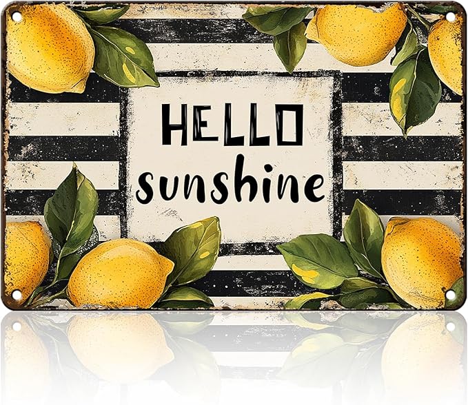 Vintage Metal Sign Hello Sunshine Lemon Summer Spring Farmhouse Retro Tin Sign Metal Poster Vintage Metal Tin Sign Wall Decor for Bars Restaurants Cafes Home Decoration 12x16inch
