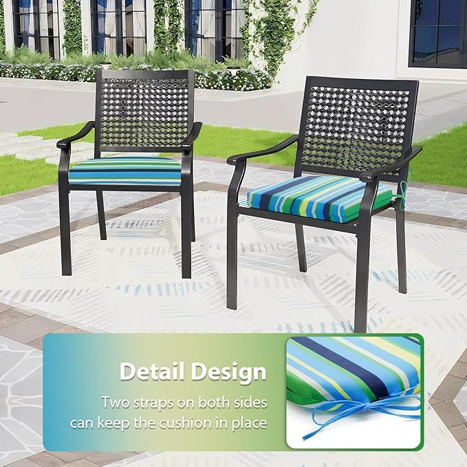 Outdoor Chair Cushions Set of 4, 17x16x3 Inch Patio Chair Cushions, Water Resistant, Non-Slip Ties (Blue & Green Pinstripe)