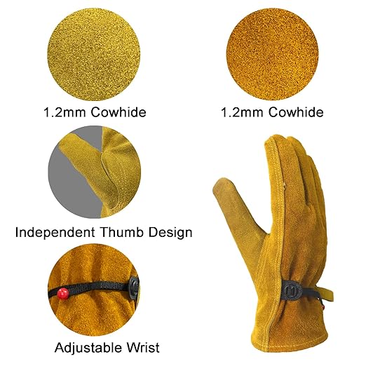 Women's Cotton Lined Leather Work Gardening Gloves, Rose Trimming, TIG/MIG Welding, Construction, Farm, Ranch Flexible Cowhide Gloves. Comfortable, Durable (Small)