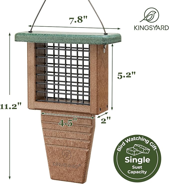 Kingsyard Recycled Plastic Suet Feeder, Tail Prop Suet Feeder for Outside Hanging, Sturdy & Durable, Great for Woodpecker & Clinging Birds, Green