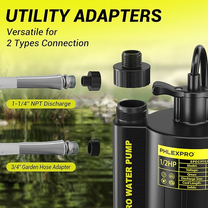 1/2HP Automatic Submersible Water Pump,110V Sump Pump Submersible with 3/4” Garden Hose Check Valve Adapter,2650 GPH Water Removal for Swimming Pool Cover Hot Tubs Flooded House Basement